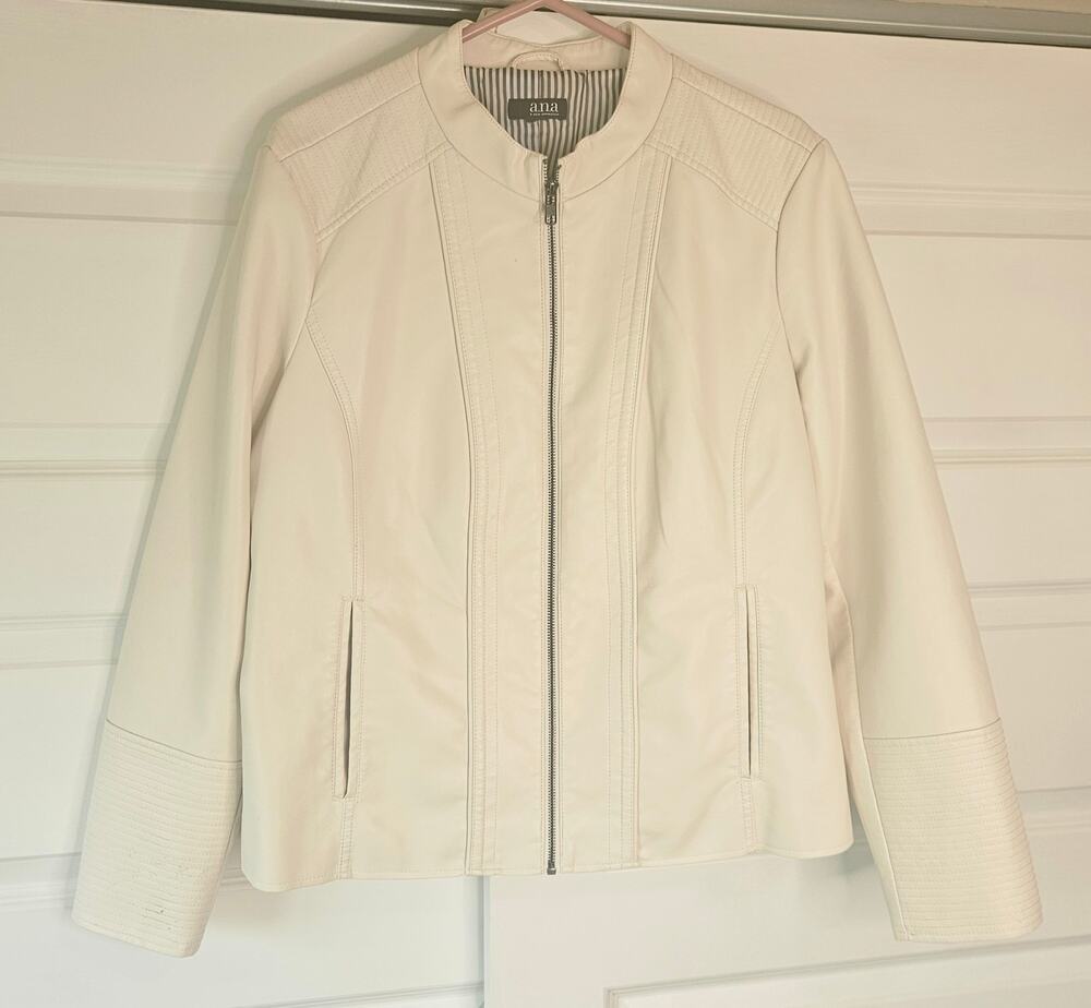 ANA Cream Faux Leather Moto Jacket Ribbed Minimalist XL